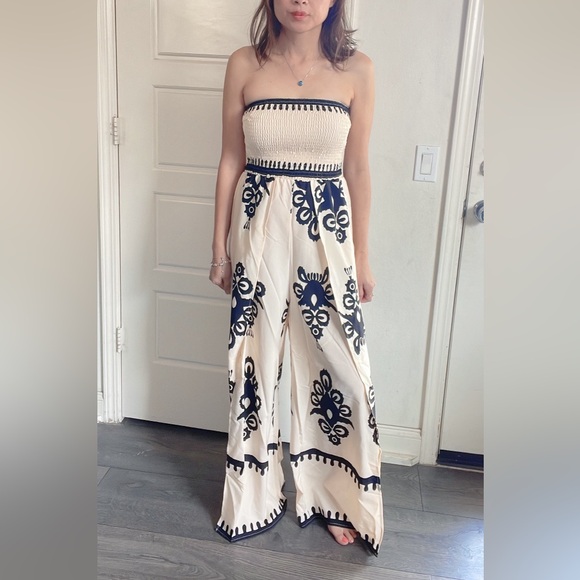 039 Boho Shirred Bodice Wide Leg Jumpsuit - Picture 4 of 13